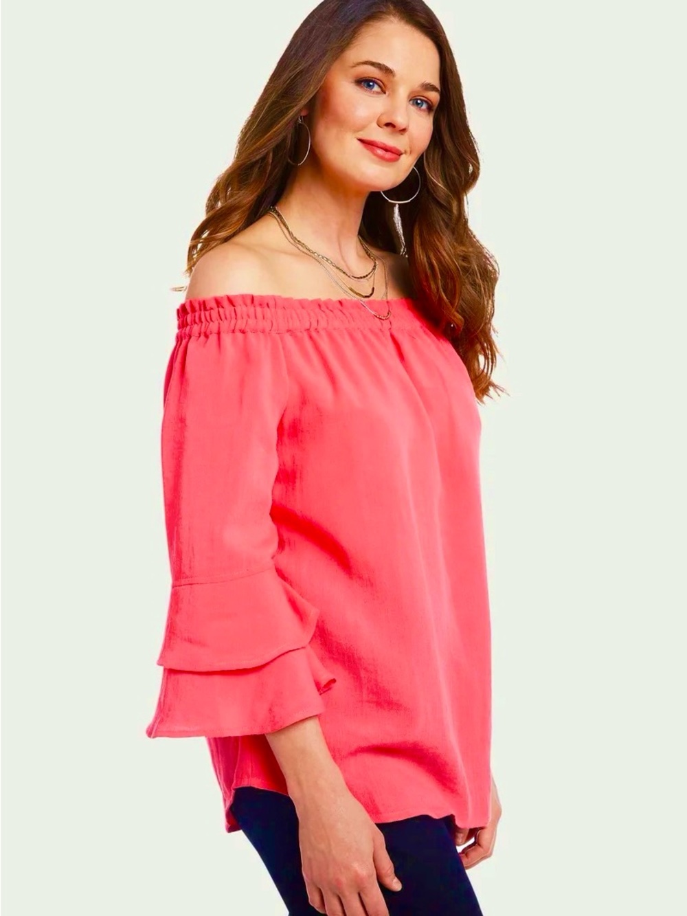 1.4.3. Story by Line Up Coral Off-Shoulder Ruffled Tiered Sleeve Blouse M
